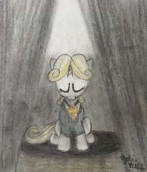 Size: 2637x3083 | Tagged: safe, artist:opti, derpibooru import, oc, oc only, oc:guiding light, unicorn, atg 2022, female, hopeless, newbie artist training grounds, sad, sitting, spotlight, traditional art