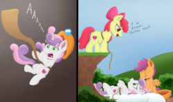 Size: 2000x1182 | Tagged: safe, artist:arcane-thunder, derpibooru import, apple bloom, scootaloo, sweetie belle, earth pony, pegasus, pony, unicorn, adorabloom, apple bloom's bow, bow, clothes, comic, cute, cutealoo, cutie mark crusaders, diasweetes, facehoof, falling, female, filly, foal, hair bow, hard hat, hat, horn, pillow, rope, scootaloo is not amused, screaming, sheepish grin, the cmc's cutie marks, trio, unamused, wings