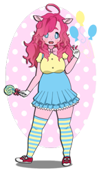 Size: 341x581 | Tagged: safe, artist:inu-kisekae, derpibooru import, pinkie pie, human, equestria girls, bowtie, candy, clothes, food, gloves, humanized, kisekae, lollipop, shirt, shoes, simple background, skirt, socks, solo, striped socks, transparent background