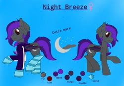 Size: 2048x1427 | Tagged: artist needed, safe, derpibooru import, oc, oc only, oc:night breeze, bat pony, pony, bat pony oc, blue background, clothes, cute, cute little fangs, cutie mark, fangs, female, hoodie, mare, purple mane, reference sheet, simple background, smiling, socks, striped socks