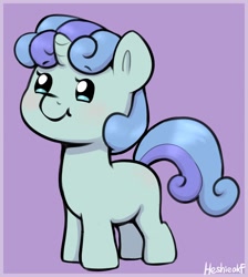 Size: 1096x1224 | Tagged: safe, artist:heretichesh, derpibooru import, oc, oc only, pony, unicorn, blushing, cute, female, filly, foal, ocbetes, purple background, signature, simple background, smiling, solo