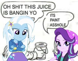 Size: 828x654 | Tagged: safe, derpibooru import, starlight glimmer, trixie, human, equestria girls, dialogue, female, paint, speech bubble, text, vulgar