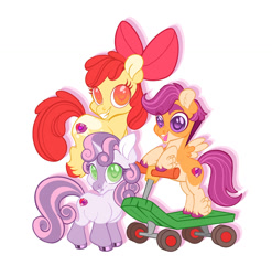 Size: 1280x1294 | Tagged: safe, artist:viodacreator, derpibooru import, apple bloom, scootaloo, sweetie belle, earth pony, pegasus, pony, unicorn, alternate design, bipedal, bipedal leaning, colored pupils, cutie mark crusaders, female, filly, foal, grin, horn, leaning, looking at you, scooter, simple background, smiling, smiling at you, trio, white background, wings