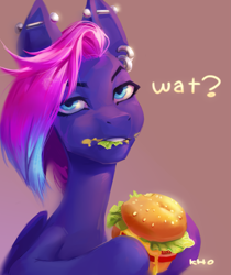 Size: 1609x1920 | Tagged: safe, artist:khvorost162, derpibooru import, oc, oc only, pony, burger, ear piercing, eating, female, food, hay burger, herbivore, piercing, solo