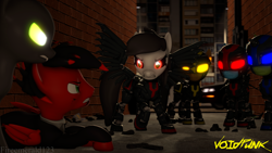 Size: 3840x2160 | Tagged: safe, artist:fireemerald123, derpibooru import, oc, oc only, oc:page feather, oc:the voice, cyborg, earth pony, pegasus, unicorn, 3d, alleyway, blood, car, glowing, glowing eyes, gun, handgun, night, revolver, source filmmaker, void entity, voidpunk, weapon