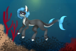 Size: 1280x861 | Tagged: safe, artist:bubbastudios, derpibooru import, oc, oc only, fish, hybrid, merpony, original species, shark, shark pony, blue mane, bubble, coral, dorsal fin, female, fins, fish tail, mare, smiling, solo, swimming, tail, underwater, water