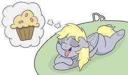 Size: 3119x1847 | Tagged: safe, artist:doodledonutart, derpibooru import, derpy hooves, comic, eyes closed, food, muffin, newbie artist training grounds, simple background, solo, tongue, tongue out, white background