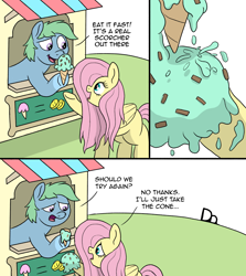 Size: 2288x2570 | Tagged: safe, artist:doodledonutart, derpibooru import, fluttershy, oc, earth pony, pegasus, pony, comic, duo, food, hot, ice cream, summer, wings