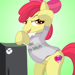 Size: 4096x4096 | Tagged: safe, artist:sweetielover, derpibooru import, apple bloom, earth pony, pony, absurd resolution, bedroom eyes, bipedal, clothes, console, cutie mark, female, filly, foal, hind legs, shirt, simple background, solo, sweat, tongue, tongue out, video game, vulgar