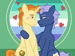 Size: 1600x1200 | Tagged: safe, artist:lotusflare, derpibooru import, golden crust, midnight snack (character), pony, unicorn, arm around back, background pony, blushing, boop, cute, eye contact, friendship student, gay, goldensnack, happy, heart, looking at each other, looking at someone, love, male, noseboop, shipping, smiling, smiling at each other, stallion, stallion on stallion, tail, two toned mane