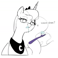 Size: 1847x1847 | Tagged: safe, artist:cadillacdynamite, derpibooru import, princess luna, alicorn, pony, dialogue, lidded eyes, looking at you, sketch, solo, toothbrush