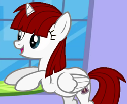 Size: 453x369 | Tagged: safe, derpibooru import, edit, edited screencap, screencap, oc, oc only, oc:fausticorn, alicorn, pony, a canterlot wedding, season 2, canterlot, female, horn, lauren faust, mare, smiling, table, window, wings, younger