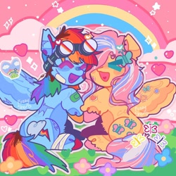 Size: 1080x1080 | Tagged: safe, artist:fuzzy_sherb, derpibooru import, fluttershy, rainbow dash, pegasus, pony, bandage, bandaid, colorful, cuddling, duo, eyes closed, female, flower, flutterdash, goggles, goggles on head, grass, heart, heart tongue, lesbian, open mouth, open smile, pink sky, rainbow, shipping, smiling, sparkles, stylized, wings, xd
