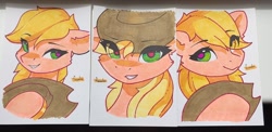 Size: 1280x626 | Tagged: safe, artist:freeedon, derpibooru import, part of a set, applejack, earth pony, pony, bust, eye clipping through hair, solo, traditional art
