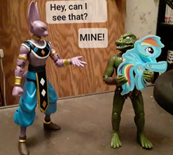 Size: 1280x1147 | Tagged: safe, artist:dex stewart, derpibooru import, rainbow dash, pegasus, pony, action figure, beerus, dragon ball, gorn, irl, photo, star trek, text, toy