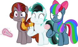 Size: 4541x2769 | Tagged: safe, artist:frownfactory, derpibooru import, edit, editor:fauli1221, oc, oc only, oc:fauli1221, oc:funny jo, oc:light jet, earth pony, pegasus, pony, unicorn, .svg available, bow, closed mouth, cutie mark, eating, female, food, horn, magic, mare, recolor, simple background, svg, transparent background, trio, vector, vector edit, wide eyes, wings