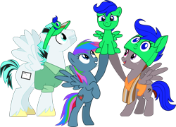 Size: 4453x3203 | Tagged: safe, artist:frownfactory, derpibooru import, edit, editor:fauli1221, oc, oc:doc anubis, oc:fauli1221, oc:funny jo, oc:light jet, pegasus, pony, .svg available, clothes, costume, female, filly, foal, freckles, happy, hat, male, mare, recolor, scarf, shirt, simple background, smiling, stallion, stubble, svg, transparent background, unshorn fetlocks, vector, vector edit, wings