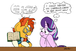 Size: 1024x698 | Tagged: safe, artist:bobthedalek, derpibooru import, starlight glimmer, sunburst, pony, unicorn, atg 2022, blaze (coat marking), book, coat markings, duo, facial markings, head in hooves, like father like daughter, like parent like child, newbie artist training grounds, socks (coat marking), thought bubble