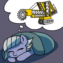 Size: 2000x2000 | Tagged: safe, artist:artevi, derpibooru import, limestone pie, earth pony, pony, atg 2022, blanket, dream, excavator, eyes closed, newbie artist training grounds, sleeping, solo