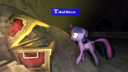 Size: 1024x576 | Tagged: safe, artist:drgamer7065, derpibooru import, twilight sparkle, alicorn, dragon, pony, 3d, castle, chest, crossover, final fantasy, final fantasy v, shinryu, source filmmaker, text, treasure chest, water