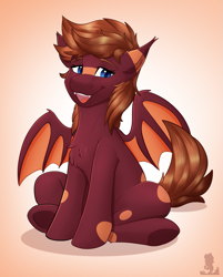 Size: 1605x2000 | Tagged: safe, artist:monsoonvisionz, derpibooru import, oc, oc only, bat pony, pony, bat pony oc, chest fluff, female, gradient background, looking at you, mare, open mouth, open smile, sitting, smiling, smiling at you, solo