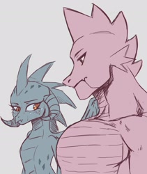 Size: 1754x2080 | Tagged: safe, artist:nire, derpibooru import, princess ember, spike, dragon, adult, adult spike, dragoness, duo, emberspike, female, girl staring at guy's chest, gray background, height difference, limited palette, male, meme, muscles, muscular male, older, older spike, pecs, shipping, simple background, straight