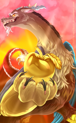 Size: 745x1200 | Tagged: safe, artist:sadowwolfkact, derpibooru import, discord, draconequus, apple, claws, food, golden apple, low angle, male, sharp teeth, solo, speedpaint, sunlight, sunset, teeth