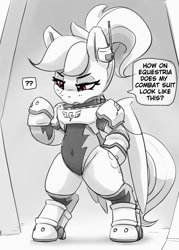 Size: 859x1200 | Tagged: safe, artist:pabbley, derpibooru import, rainbow dash, pegasus, pony, alternate hairstyle, armor, belly button, bipedal, black and white, clothes, dialogue, earpiece, female, grayscale, leotard, mare, monochrome, neo noir, partial color, ponytail, question mark, solo, speech bubble