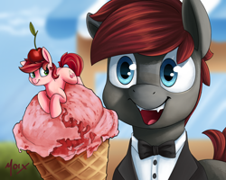 Size: 2250x1800 | Tagged: safe, artist:supermoix, derpibooru import, oc, oc:hunter blood moon, bat pony, earth pony, pony, blue eyes, bow, cherry, clothes, cute, food, ice cream, ice cream shop, looking at each other, looking at someone, lying down, red hair, simple background, tuxedo