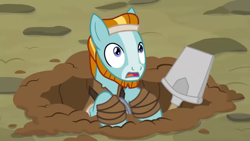 Size: 1397x786 | Tagged: safe, derpibooru import, screencap, rockhoof, earth pony, pony, campfire tales, season 7, ditch, hole, little rockhoof, male, open mouth, rockhoof's shovel, shovel, solo, stallion