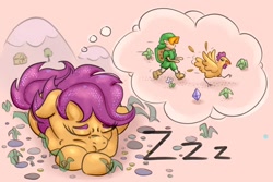 Size: 2000x1333 | Tagged: safe, artist:nedemai, derpibooru import, scootaloo, bird, chicken, pegasus, pony, atg 2022, dream, link, newbie artist training grounds, onomatopoeia, scootachicken, sleeping, solo, sound effects, the legend of zelda, thought bubble, zzz