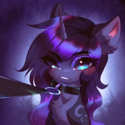 Size: 2352x2348 | Tagged: safe, artist:shenki, derpibooru import, oc, pony, unicorn, chest fluff, collar, dominant pov, eye clipping through hair, female, horn, leash, mare, pov, unicorn oc