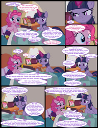 Size: 1042x1358 | Tagged: safe, artist:dendoctor, derpibooru import, mean twilight sparkle, pinkie pie, twilight sparkle, twilight sparkle (alicorn), alicorn, earth pony, pony, comic:clone.., g4, alternate universe, bed, blanket, book, clifford the big red dog, clone, comic, female, glowing, glowing horn, horn, magic, mare, pillow, pinkie clone, plushie, telekinesis