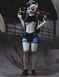 Size: 3000x3900 | Tagged: safe, artist:dashie116, derpibooru import, oc, oc only, oc:hazel radiate, anthro, plantigrade anthro, unicorn, 3d, anthro oc, backpack, belly button, blender, breasts, clothes, commission, commissioner:biohazard, eyebrows, eyelashes, female, glasses, high res, horn, mare, midriff, panties, rain, shoes, shorts, skateboard, smiling, socks, solo, thong, underboob, underwear, unicorn oc, ych result