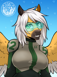 Size: 1818x2435 | Tagged: safe, artist:askbubblelee, oc, oc only, oc:alice saturn, anthro, pegasus, anthro oc, female, grin, mare, pegasus oc, racing suit, smiling, solo, visor, watermark