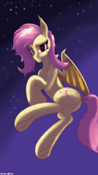 Size: 2160x3840 | Tagged: safe, artist:leoliu0491, derpibooru import, fluttershy, bat pony, 4k, bat ponified, butt, fangs, female, flutterbat, flying, high res, mare, plot, race swap, solo, species swap