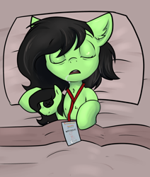 Size: 2200x2600 | Tagged: safe, artist:dumbwoofer, derpibooru import, oc, oc:anon filly, earth pony, pony, badge, bed, bed mane, bed sheets, chest fluff, comfy, drool, ear fluff, ears, eyes closed, female, filly, foal, lanyard, lying down, on back, open mouth, plushie, self plushidox, simple background, sleeping, solo, tired, trotcon
