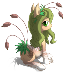 Size: 1000x1104 | Tagged: safe, artist:fidzfox, derpibooru import, oc, oc only, original species, plant pony, pony, cattails, female, looking at you, looking back, mare, plant, reeds, simple background, sitting, smiling, solo, transparent background