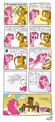 Size: 1150x2550 | Tagged: safe, artist:fidzfox, derpibooru import, pinkie pie, oc, oc:benny, oc:divine light, earth pony, pony, ^^, balloon, bipedal, birthday, cake, confetti, crying, dialogue, emanata, eyes closed, food, french, grammar error, grin, gritted teeth, open mouth, open smile, party horn, present, shivering, shoving, smiling, streamers, sweat, sweatdrops, teeth, translated in the comments