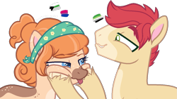 Size: 1237x699 | Tagged: safe, artist:thatonefluffs, derpibooru import, bright mac, pear butter, earth pony, pony, the perfect pear, :p, >:p, alternate design, aromantic pride flag, bisexual pride flag, demiromantic pride flag, freckles, headcanon, mouthpiece, pride, pride flag, redesign, sexuality headcanon, simple background, tongue, tongue out, transparent background, unshorn fetlocks