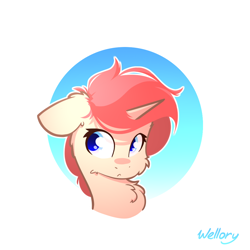 Size: 1000x1000 | Tagged: safe, artist:wellory, derpibooru import, oc, oc only, oc:redly, pony, unicorn, bust, cute, female, signature, simple background, solo, white background