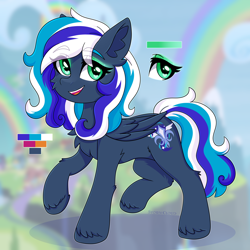 Size: 2500x2500 | Tagged: safe, artist:stormcloud, derpibooru import, oc, oc only, oc:flaming dune, pegasus, pony, chest fluff, cute, cutie mark, eyeshadow, female, folded wings, full body, gradient eyes, green eyes, looking at you, makeup, mare, multicolored hair, multicolored tail, open mouth, open smile, pegasus oc, raised hoof, raised leg, reference, reference sheet, smiling, smiling at you, solo, tail, wings