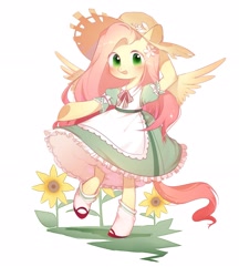Size: 2689x3115 | Tagged: safe, artist:dreamsugar, derpibooru import, fluttershy, pegasus, semi-anthro, clothes, dress, female, flower, grass, hat, looking at you, mare, open mouth, shoes, simple background, socks, solo, spread wings, sunflower, underhoof, white background, wings