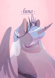 Size: 1748x2480 | Tagged: safe, artist:dreamsugar, derpibooru import, princess luna, alicorn, pony, bust, curved horn, eyes closed, female, horn, jewelry, mare, pink background, portrait, profile, regalia, simple background, solo, wings