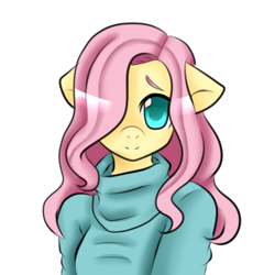 Size: 400x400 | Tagged: safe, artist:jozalynn-chasity, derpibooru import, fluttershy, anthro, clothes, cute, female, hair over one eye, looking at you, mare, shyabetes, simple background, smiling, smiling at you, solo, sweater, turtleneck, white background