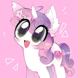 Size: 768x768 | Tagged: safe, artist:patoriotto, artist:petoriotto, derpibooru import, sweetie belle, pony, unicorn, cute, cute little fangs, diasweetes, ear fluff, ears, emanata, fangs, female, horn, no nose, open mouth, open smile, pink background, simple background, smiling, solo, stars, the cmc's cutie marks