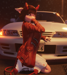 Size: 1900x2120 | Tagged: safe, artist:hevexy, derpibooru import, oc, oc only, oc:akiko, anthro, demon, plantigrade anthro, succubus, 3d, anthro oc, blender, boots, car, clothes, double tail, elf ears, female, high res, holding, horns, jacket, kneeling, looking at you, multiple tails, night, nissan, nissan skyline, outdoors, road, shoes, shy, signature, skirt, smiling, smiling at you, smirk, solo, street, tail