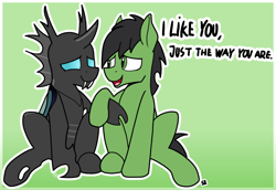 Size: 1186x814 | Tagged: safe, artist:sefastpone, derpibooru import, oc, oc:anon stallion, changeling, earth pony, pony, abstract background, canon x oc, digital art, gay, holding hooves, looking at each other, looking at someone, male, positive ponies, simple background, sitting, speech bubble, stallion