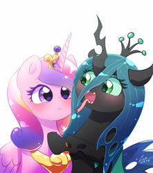 Size: 3000x3400 | Tagged: safe, artist:leo19969525, derpibooru import, princess cadance, queen chrysalis, alicorn, changeling, changeling queen, pony, g4, blushing, cadalis, crown, duo, duo female, female, green eyes, horn, infidelity, jewelry, lesbian, looking at each other, mane, mare, open mouth, princess cheatdance, purple eyes, regalia, shipping, simple background, tail, tongue, tongue out, white background, wings