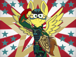 Size: 1024x768 | Tagged: safe, artist:pato_dash, derpibooru import, oc, oc only, oc:shooting thrillstar, pegasus, clothes, cosplay, costume, helmet, pegasus oc, shield, simple background, soldier, soldier boy, spread wings, the boys, wings